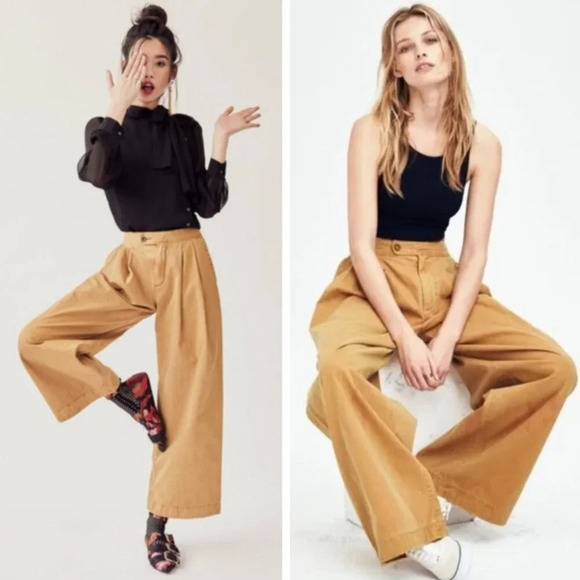 NEW Free People Liberty High Waist Extra Wide Leg Trousers Gold Brown Bohemian - Picture 1 of 9
